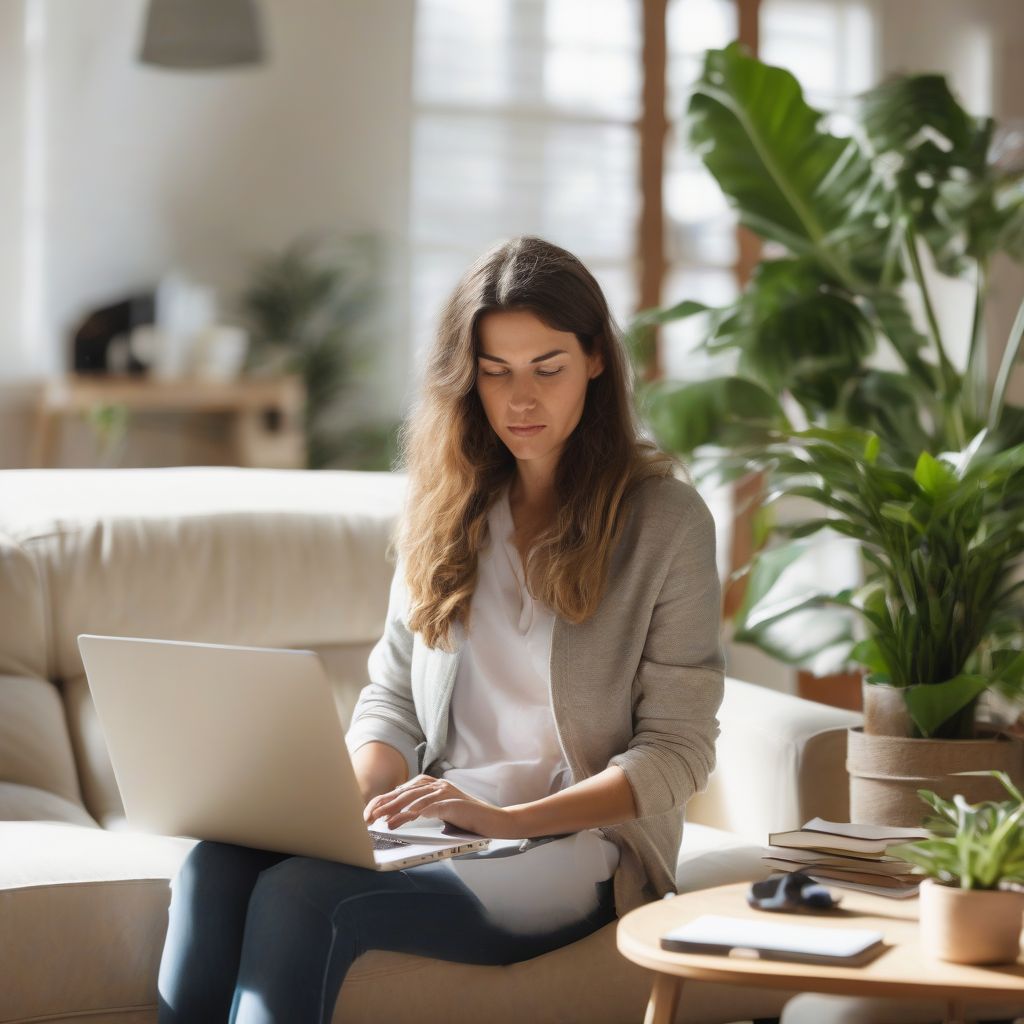 Woman working from home with laptop